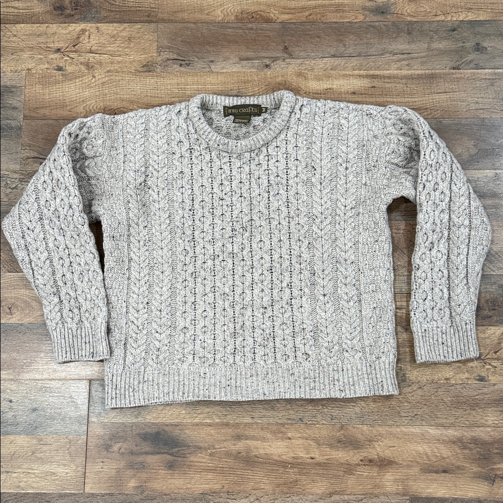 Inis Crafts Merino Wool Sweater Men’s Medium Light Gray Open Knit